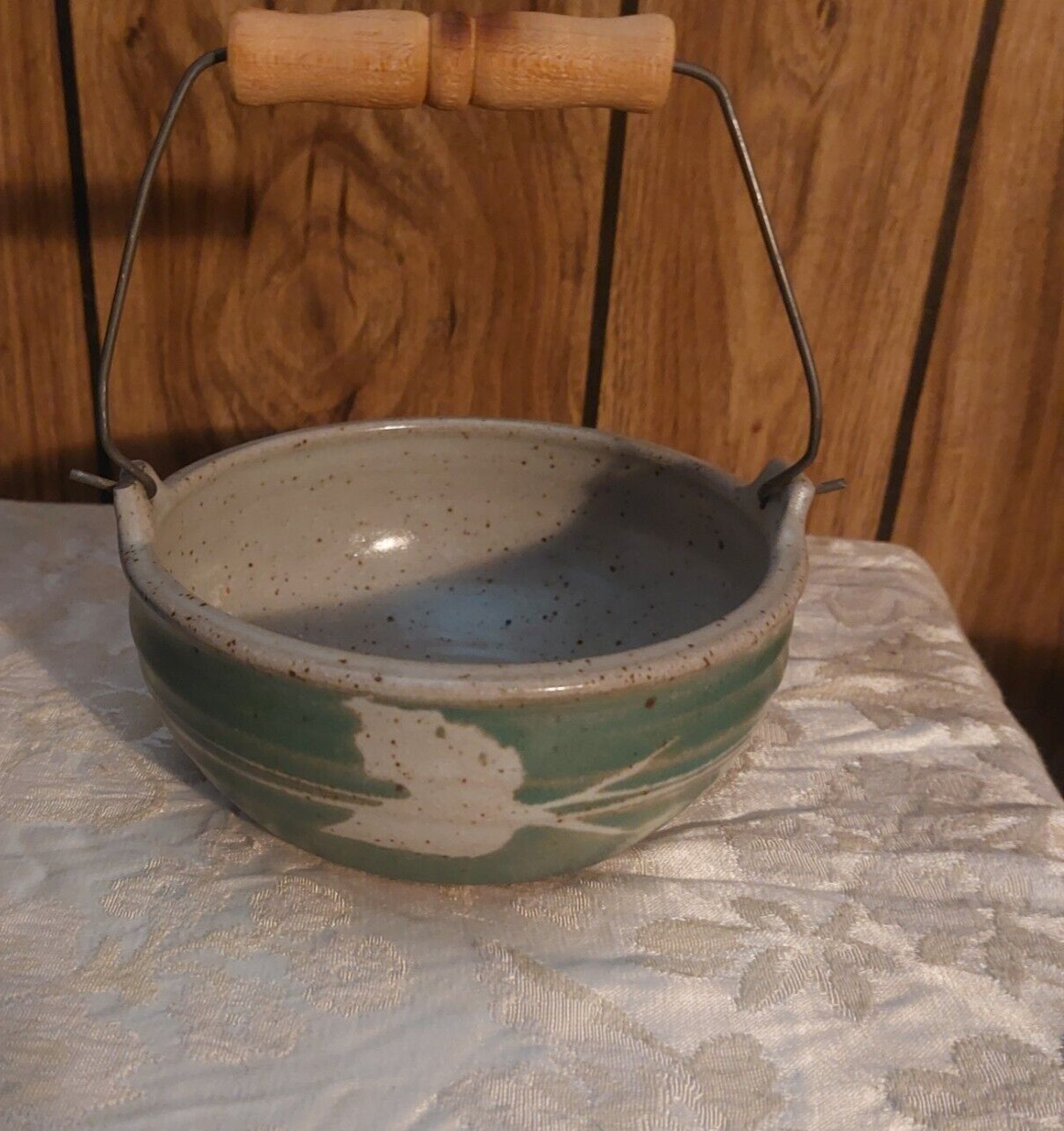 Stoneware Bail handle bowl signed small, miniature, green, tan and grey