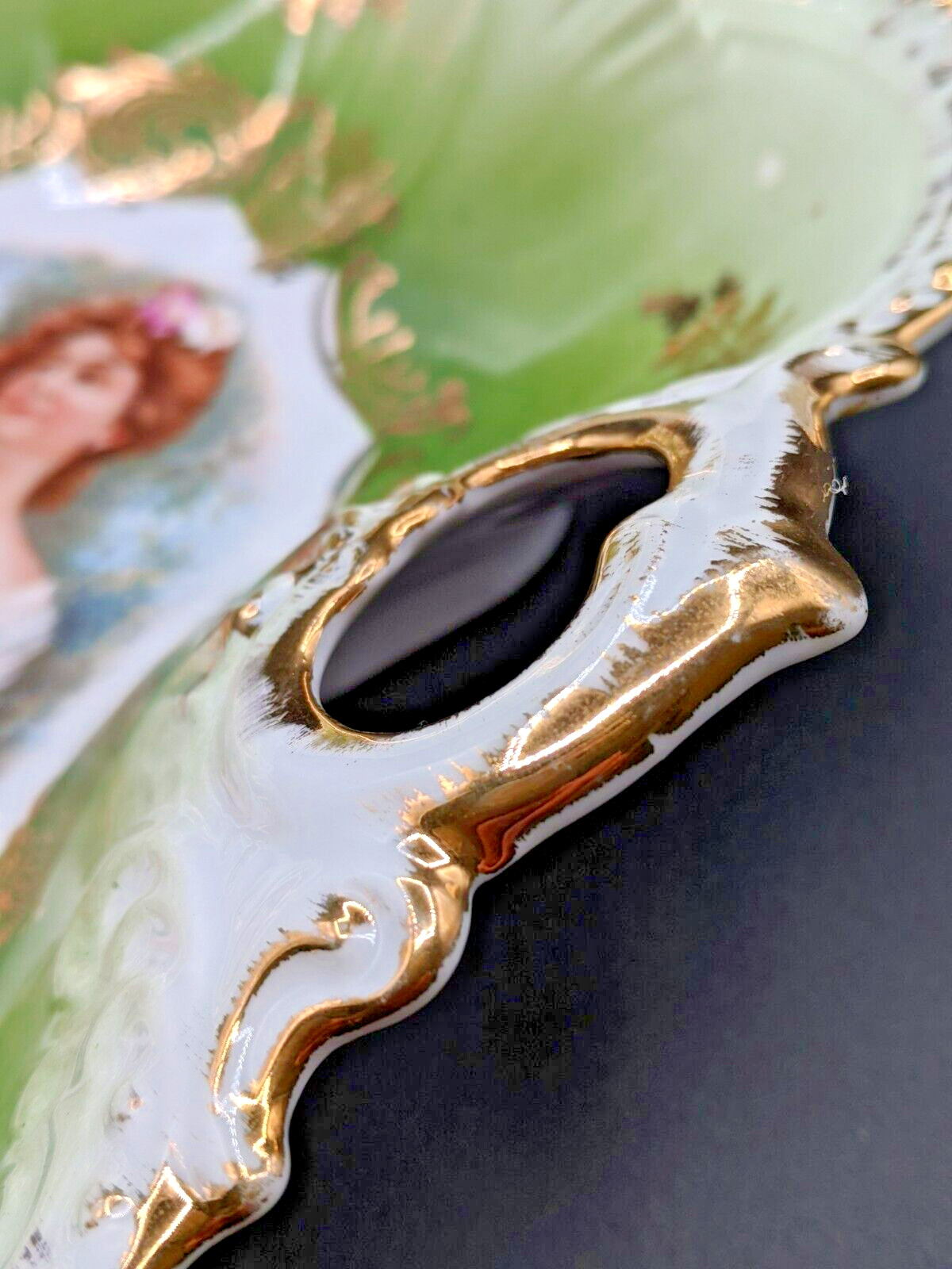 Antique Royal Bavarian China – PMB – Germany – Green & Gold – Lady with Bouquet