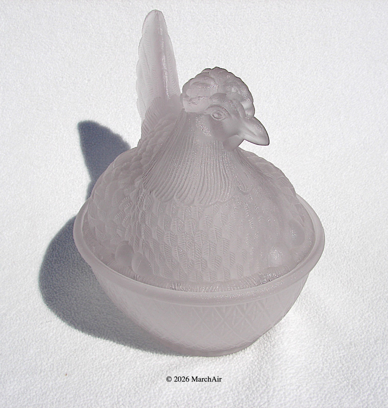 Antique Frosted Glass Hen on Nest Covered Dish 7” Geometric Base Aetna Glass Co.