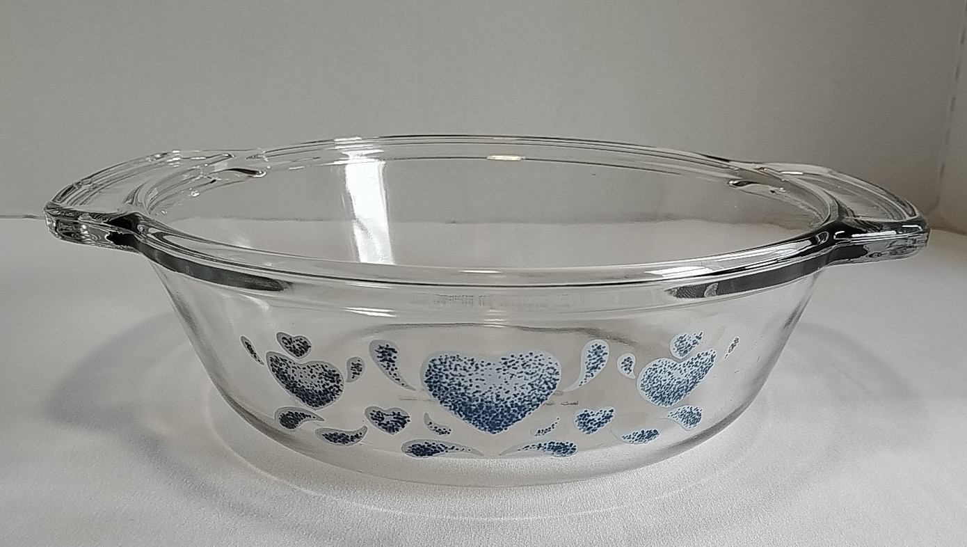 Anchor 1.5 QT Casserole Blue Hearts Ovenware Corelle Clear Dish