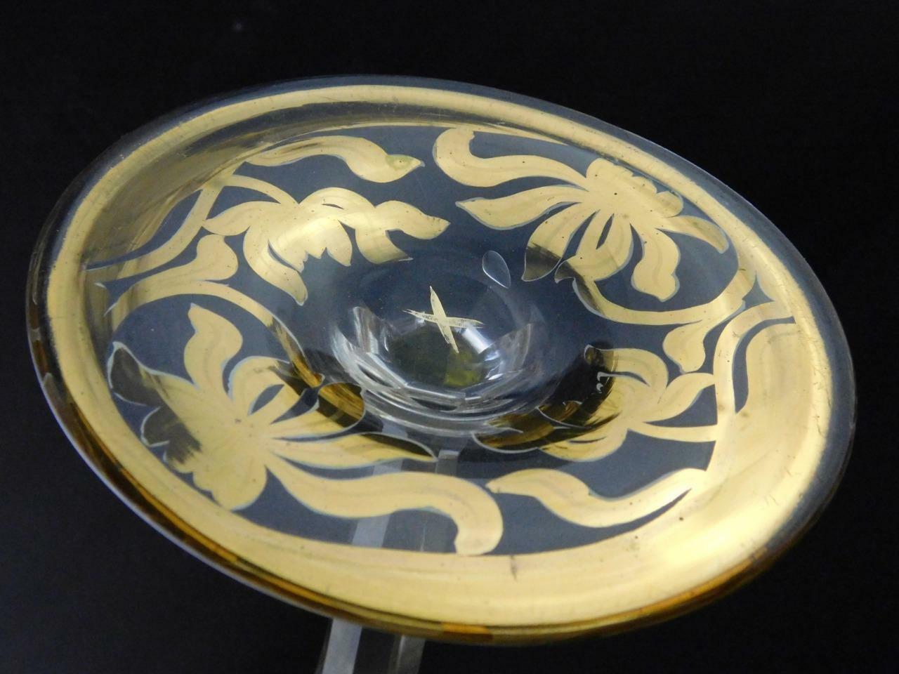 Art Glass Tall Stem Compote Dish Nouveau Floral Gold Green Clear X Mark
