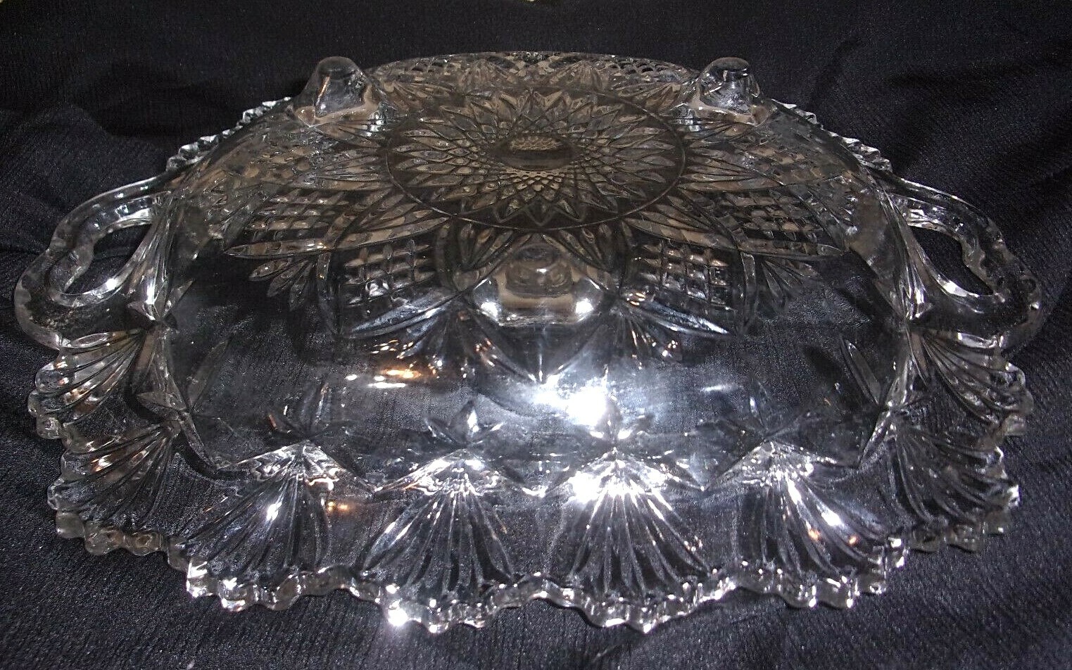 Antique 1919 AMB Period Square Cut Glass 3-Footed 10″ Bowl-Heart Handles-EUC