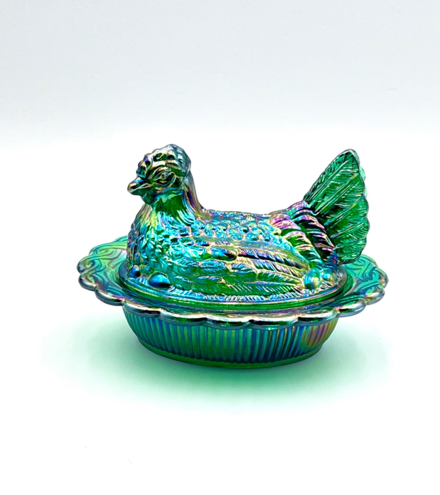Mosser Hen on Nest HUNTER GREEN CARNIVAL6 1/2″ Glass Marked Mosser FREE SHIP
