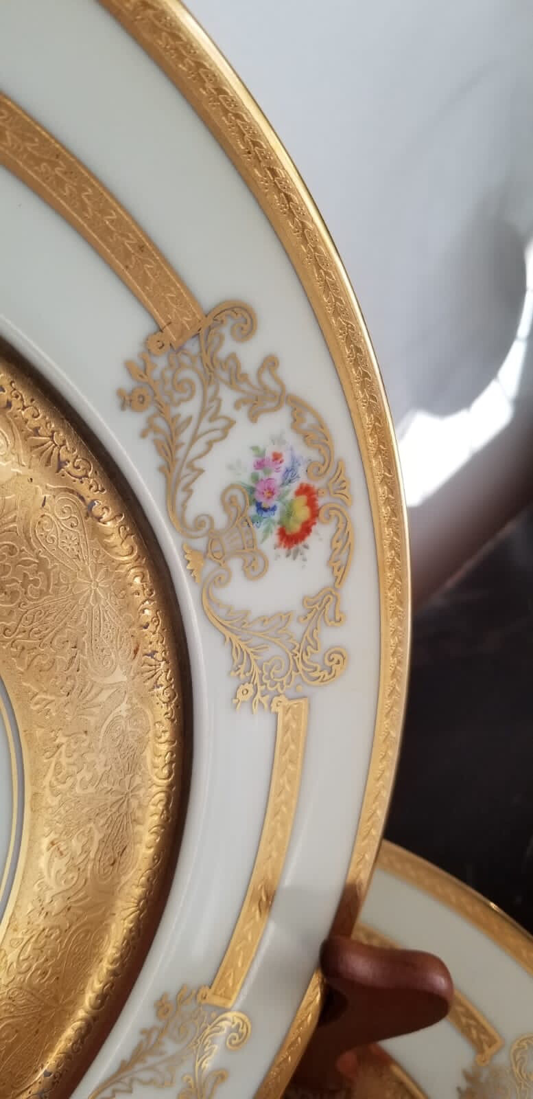 Set Of 12 Bohemian Gilt Porcelain Czeck Dinner Plates e/ Floral Design D 11”