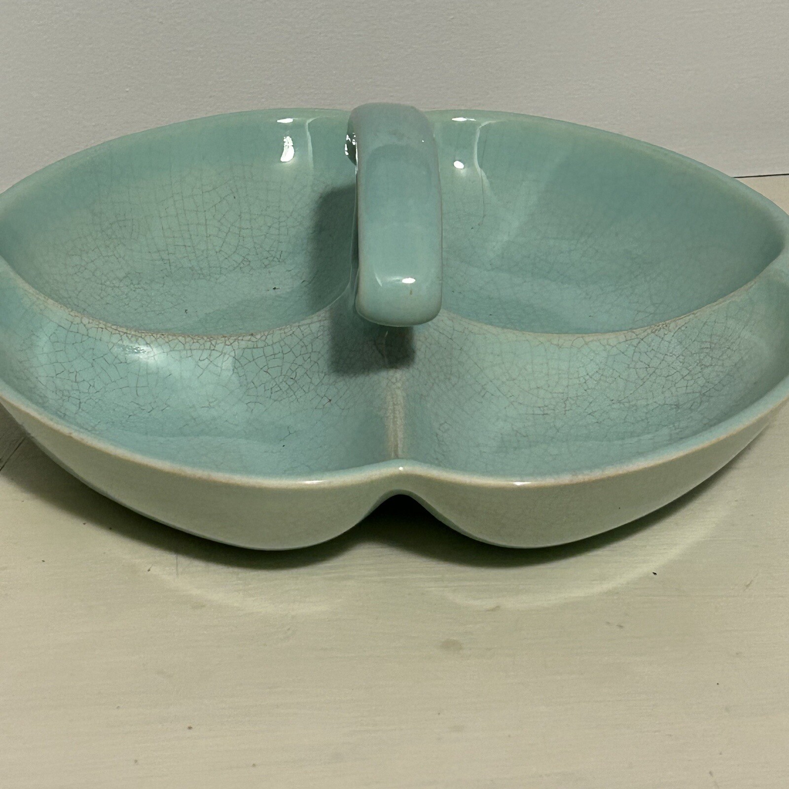 TS&T Luray Surf Green Handled Relish Tray Divided Dish Taylor Smith Lu-Ray MCM