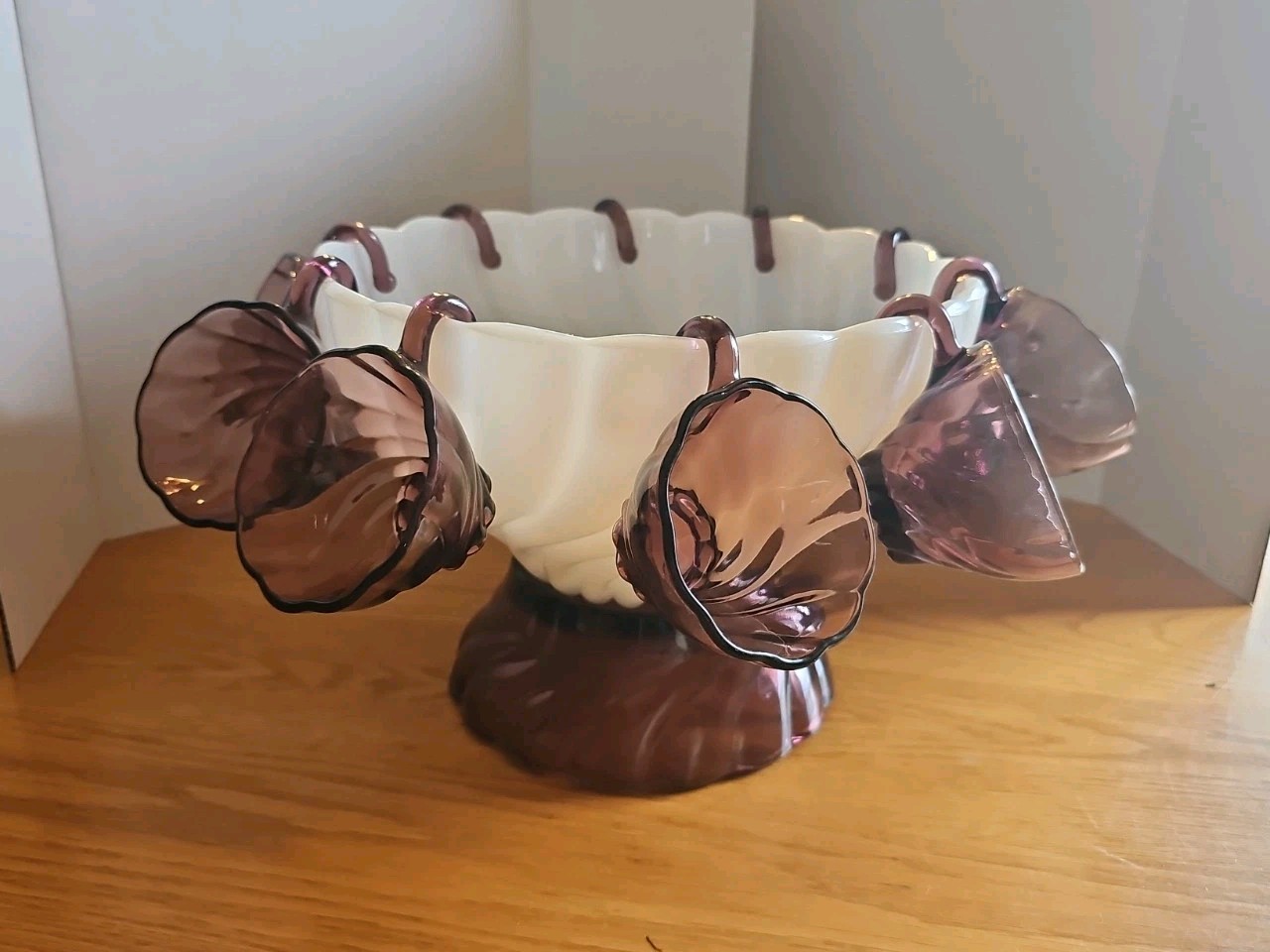 Amethyst & White Milk Glass Swirl Punch Bowl & Stand 10 Amethyst Cups