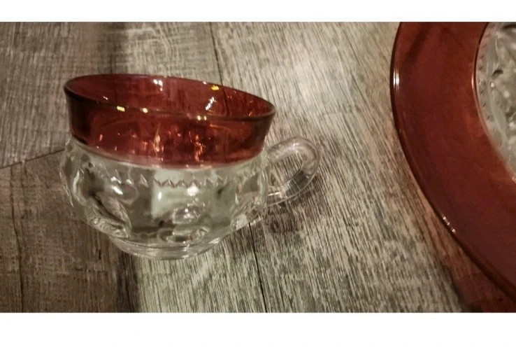 Vintage Ruby Flashed Snack Plate & Cup Set Kings Crown Thumbprint Glass Tiffin