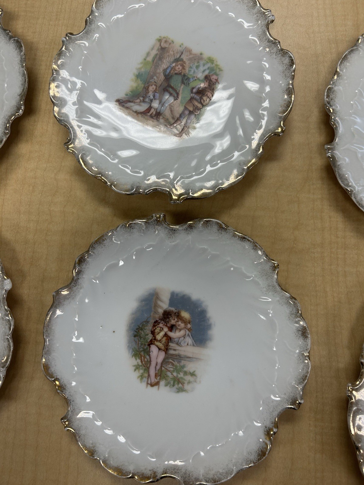 Victorian Themed Plates Set Of 6 With Guilded Scalloped Edges