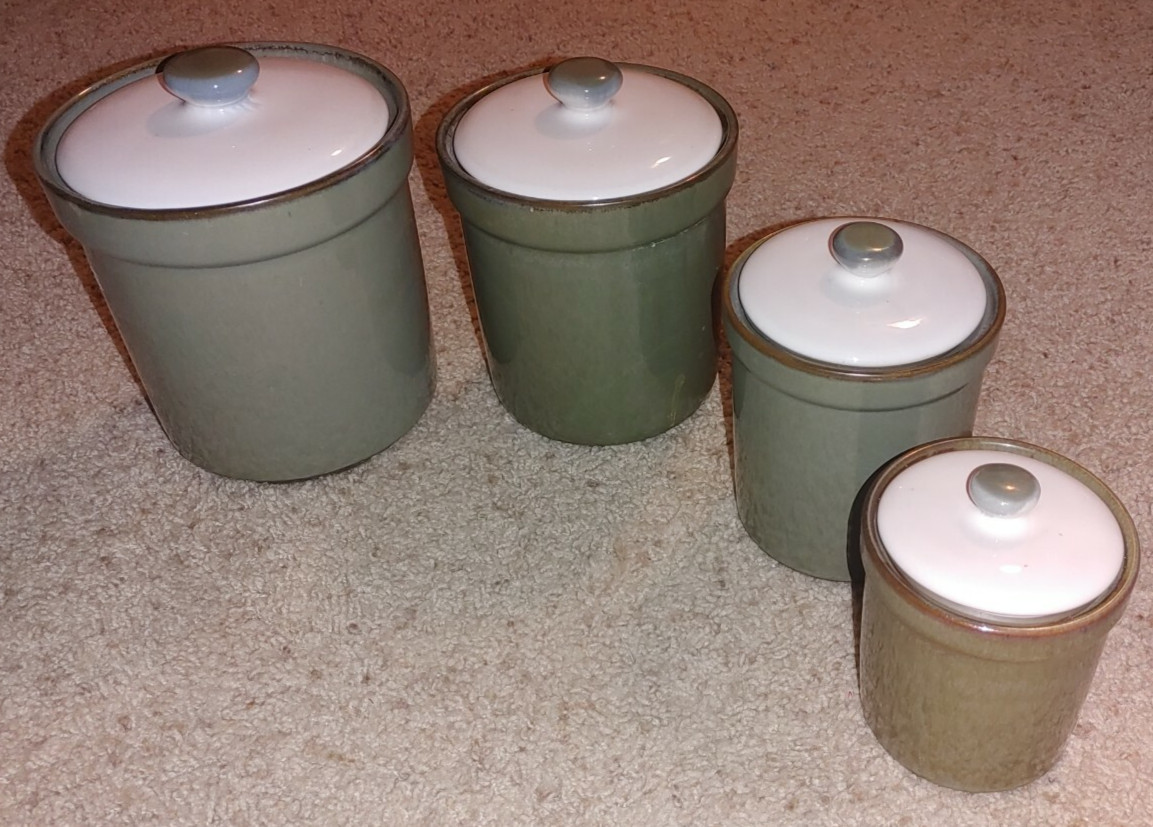 Vintage Sango Stoneware Canister Set of 4 Avocado Olive Green w Gasket Lids