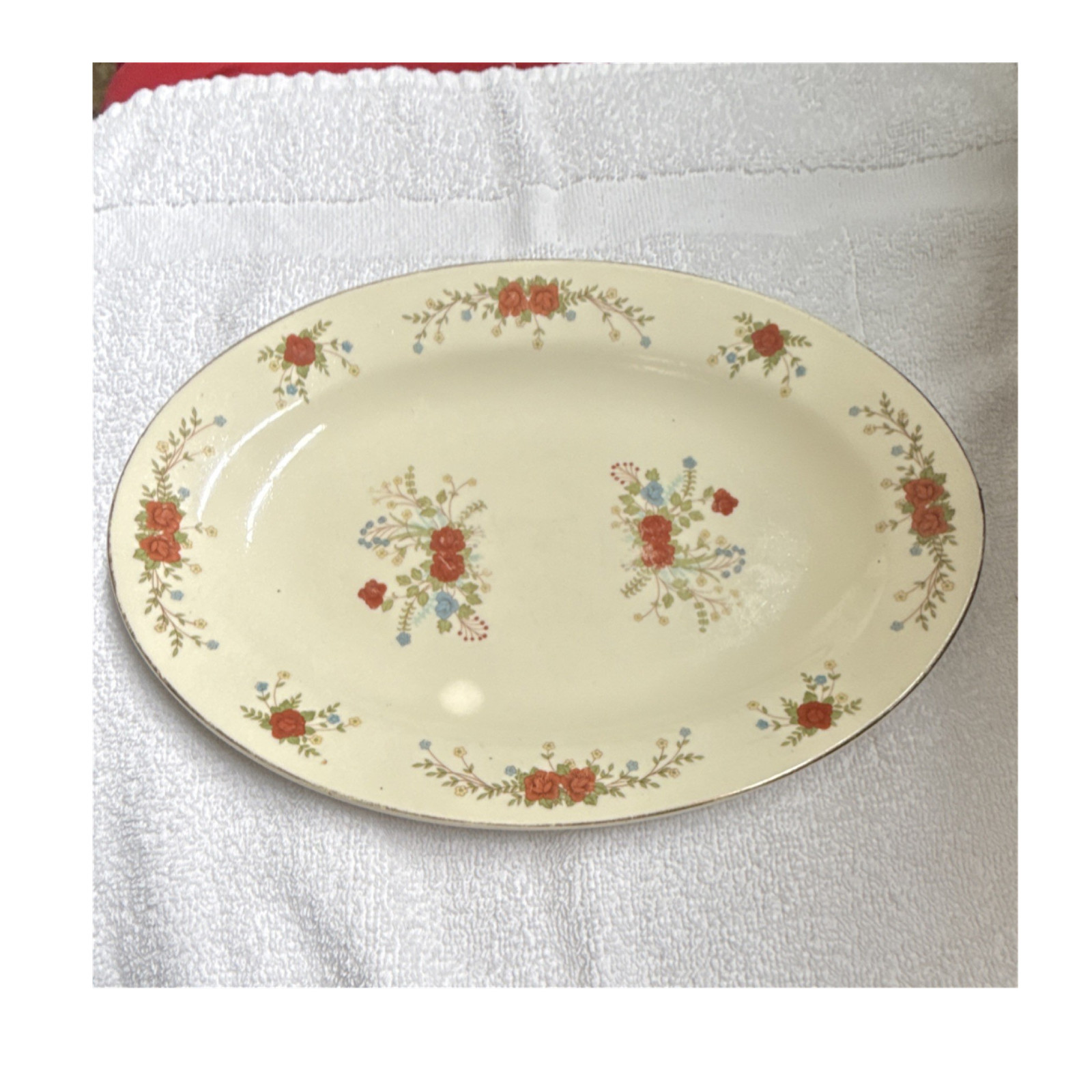 Oval Ceramic Platter Floral Pattern Cream Red Green Blue Glossy Made in China