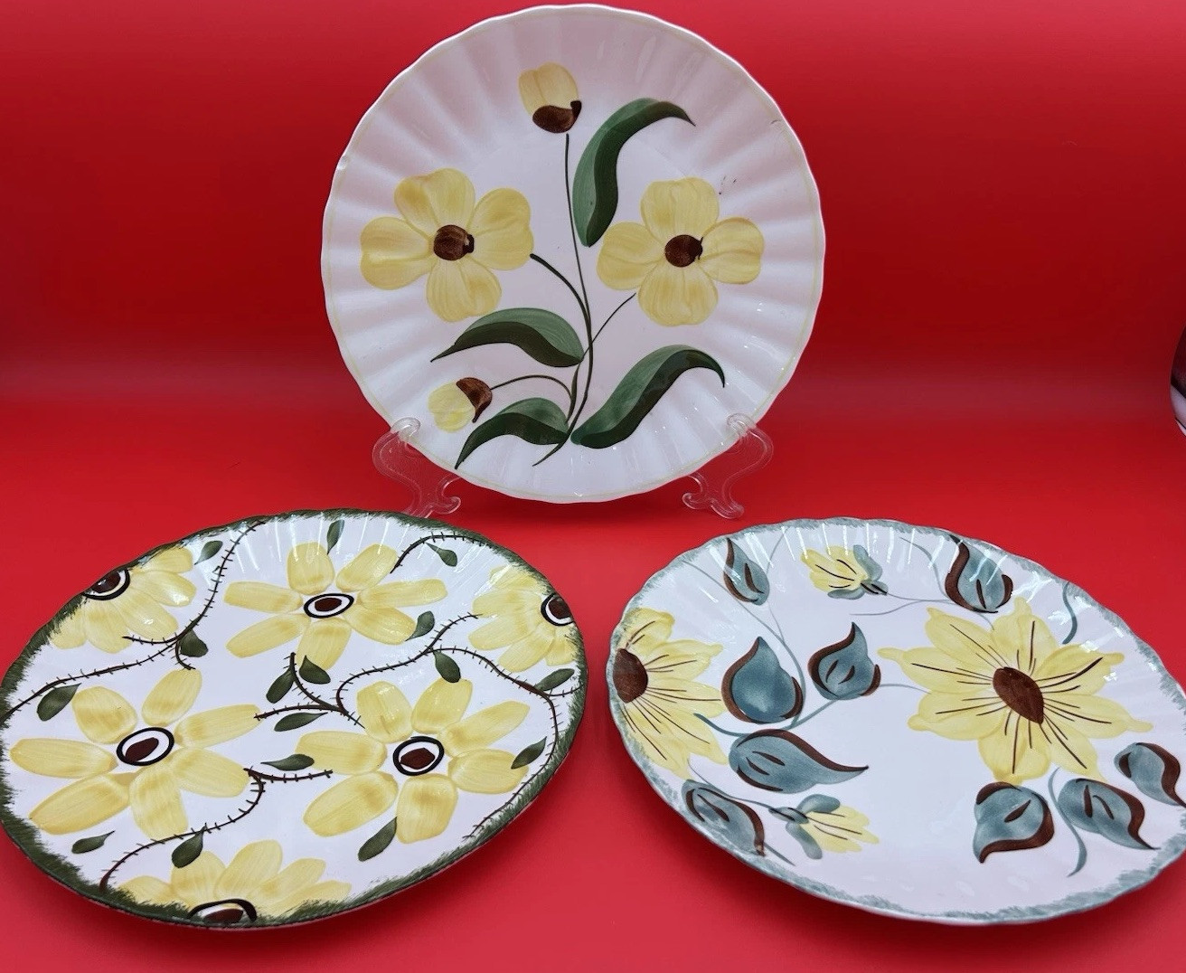 3 Blue Ridge Southern Pottery 10″ Dinner Plates Sunfire Ruginosa Celandine VTG