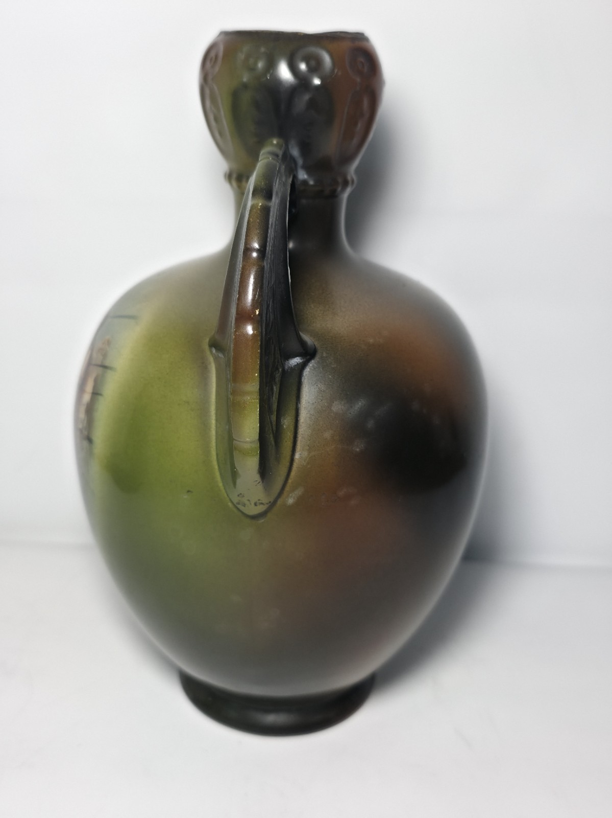 Antique Decorated Porcelain Dual Handle Pitcher Signed w/ Griffin El Unico Logo