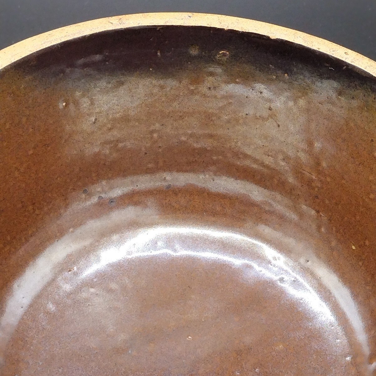 Antique Stoneware Salt Glaze8¾” Crock Mixing Bowl Wire Handle Metal Bottom Brown