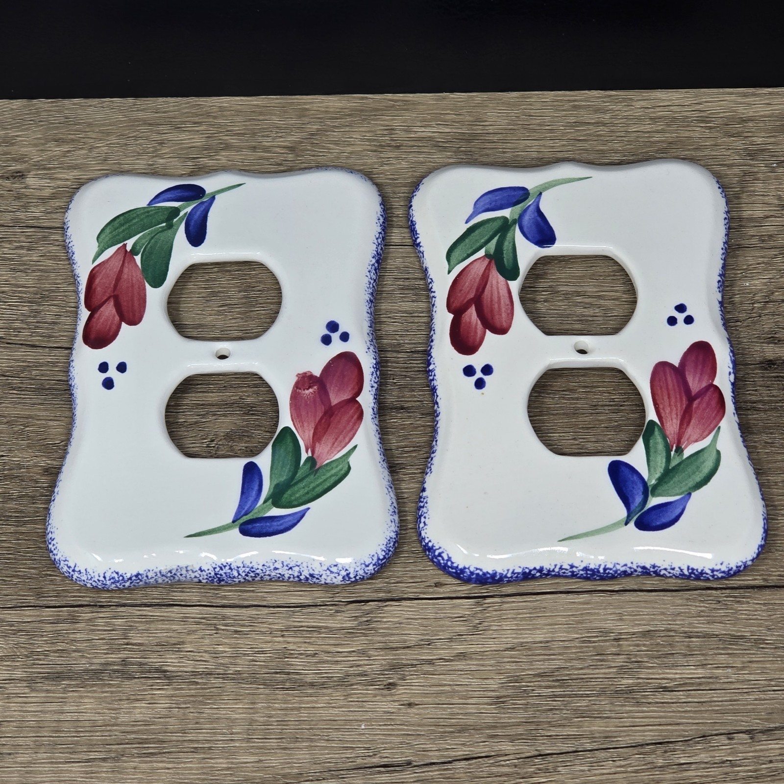 2- Vtg Pottery by Levine Wall Plates Outlet Cover Flowers Blue 90s