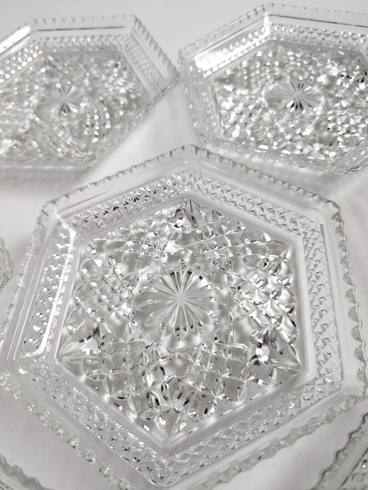 Vintage Set 8 Clear Pressed Glass Hexagon Plates Starburst 7.5”