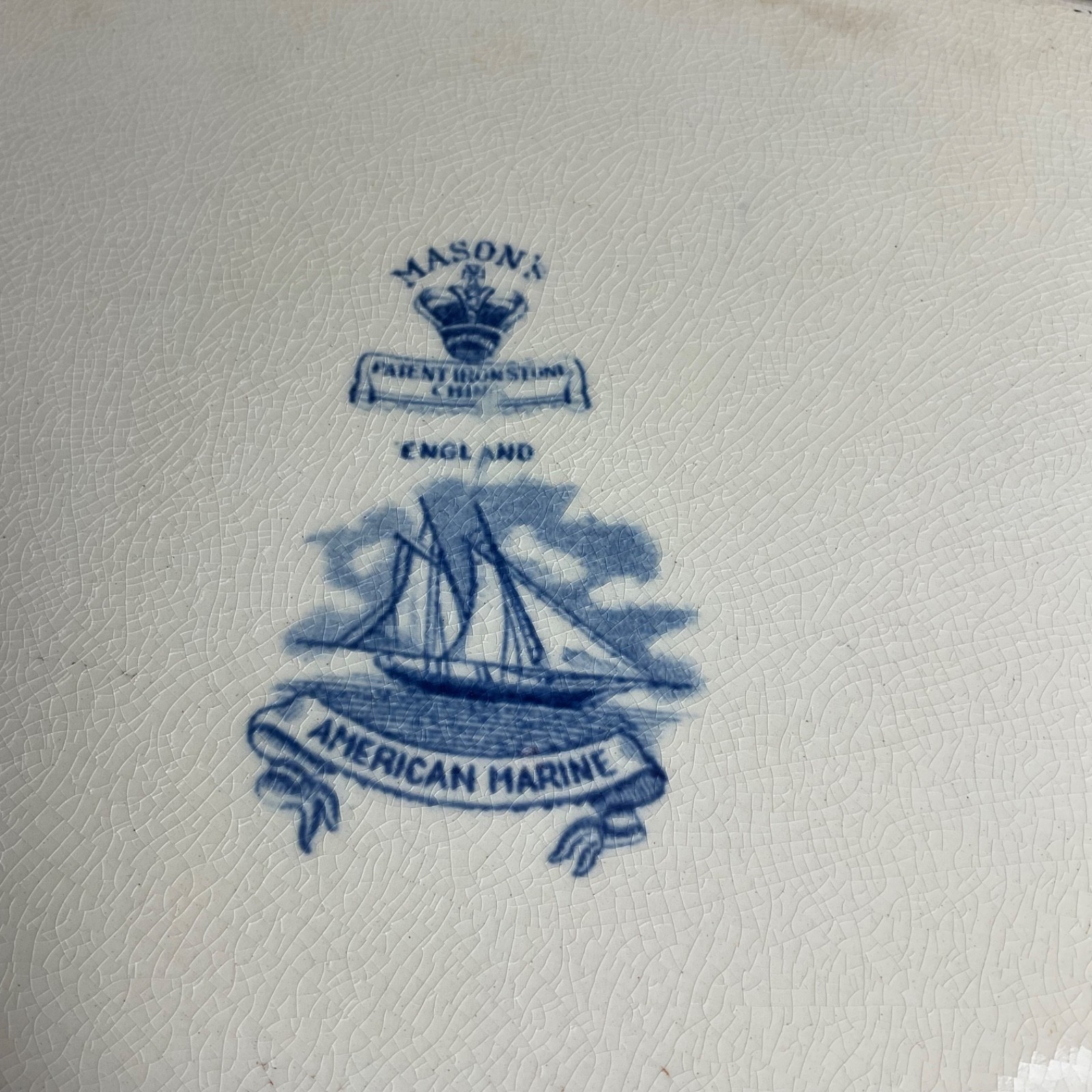 DEFECTIVE Antique Masons AMERICAN MARINE Ironstone Oval Blue 19 Platter G3D