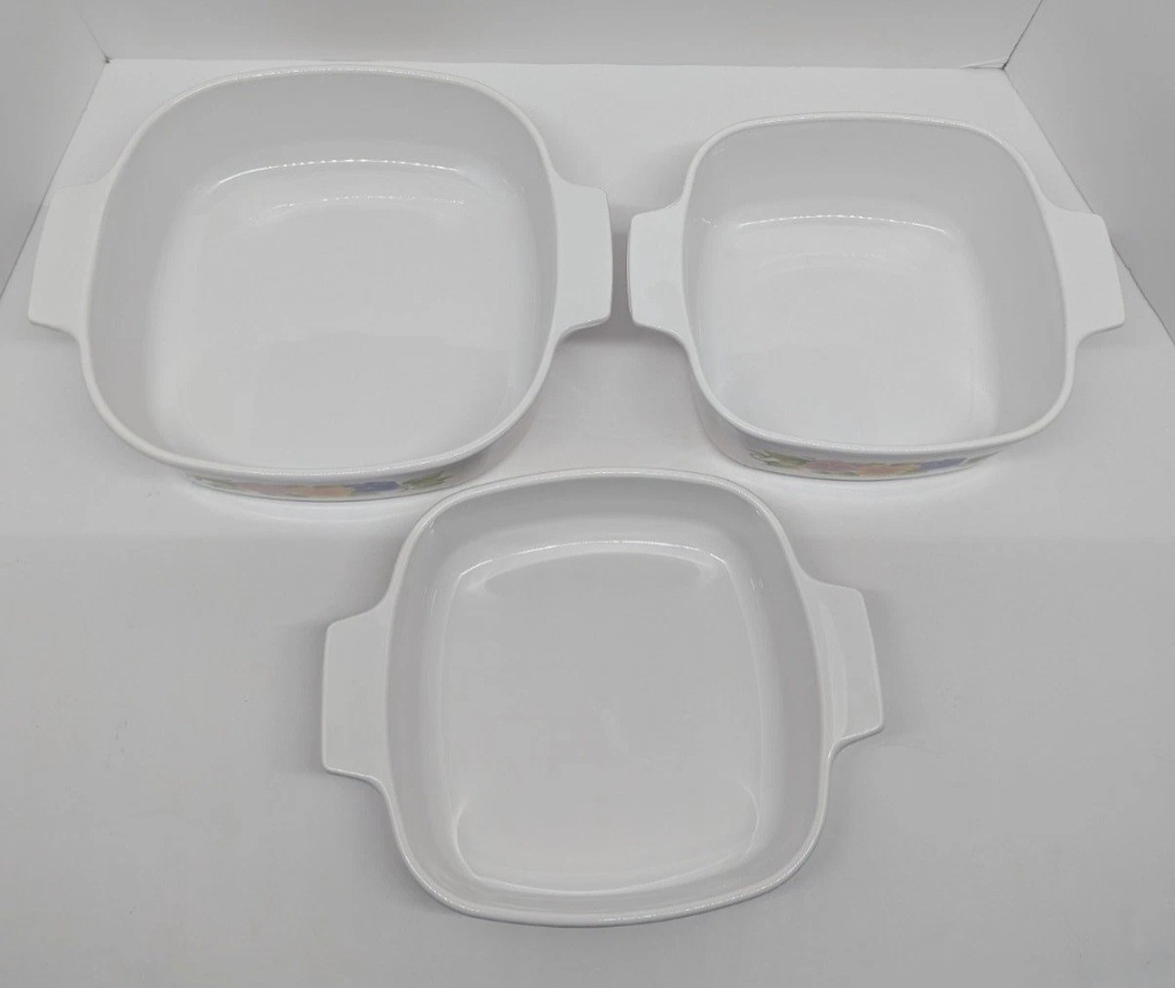 6 pc Set of Corning Summer Blush Casserole Dishes 2L 1.5L 1L w/ Pyrex Lids EXC
