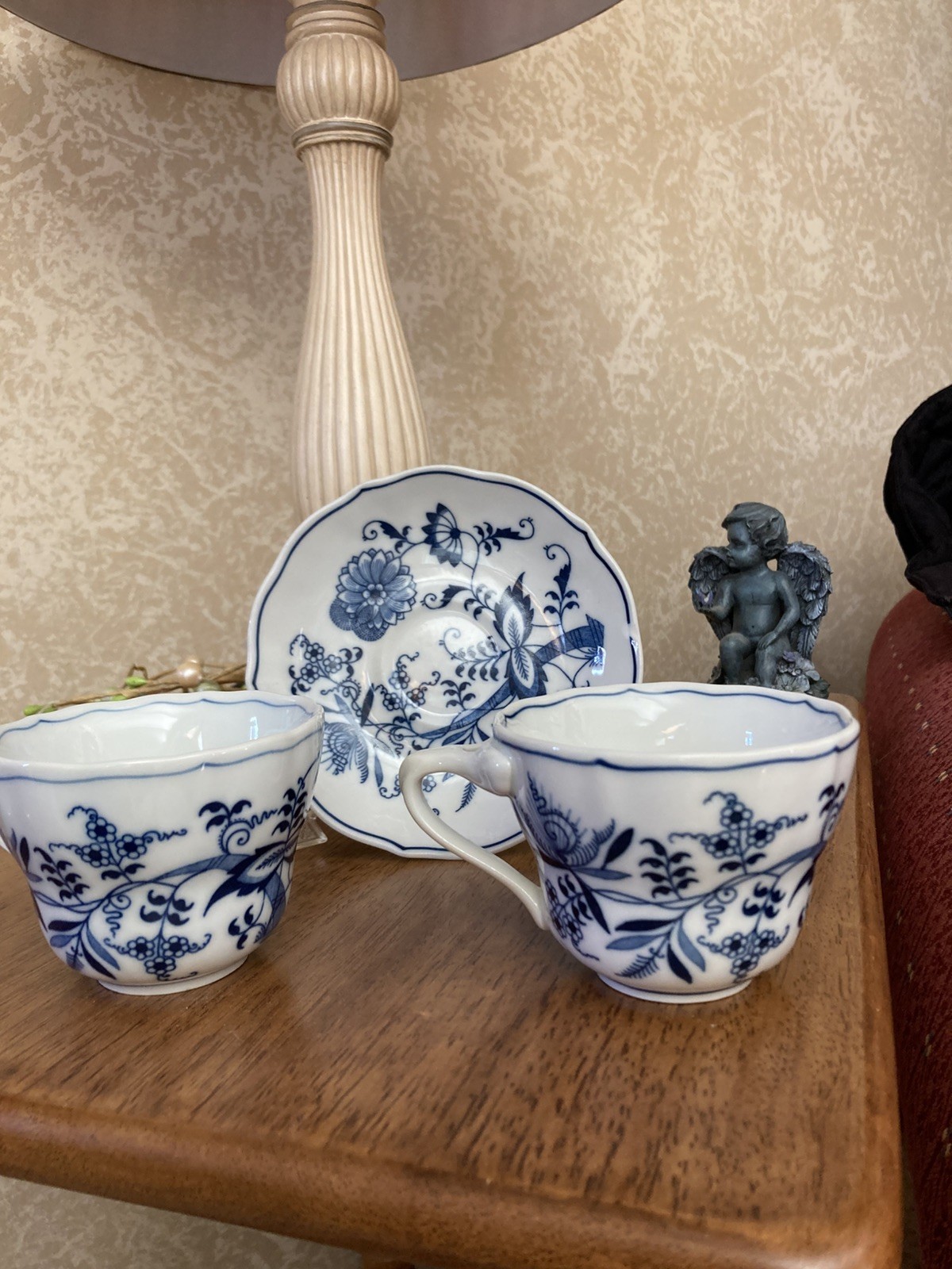 Blue Danube Cup and Saucer Lipper Japan Porcelain Flowers Blue Onion Scalloped
