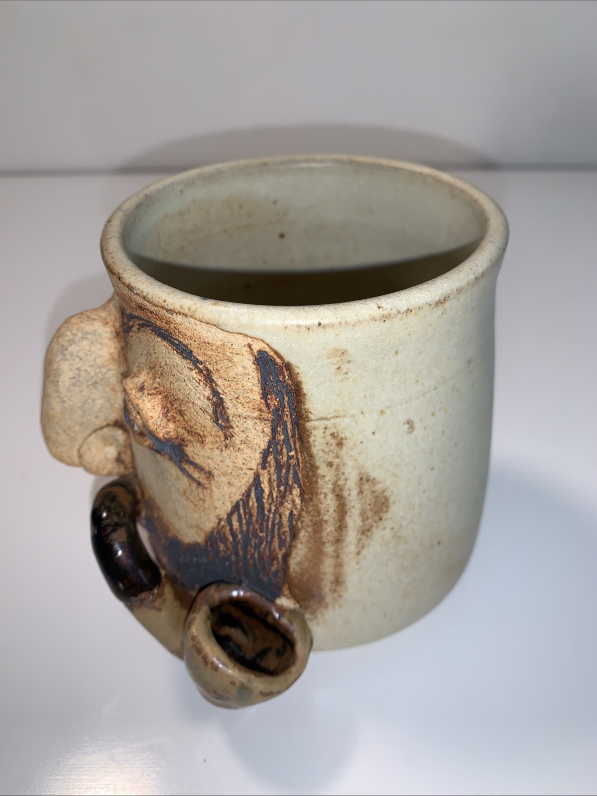 Signed Art Pottery Stoneware Man Beard Pipe Ugly Funny Mug Face 1986 Folk Art