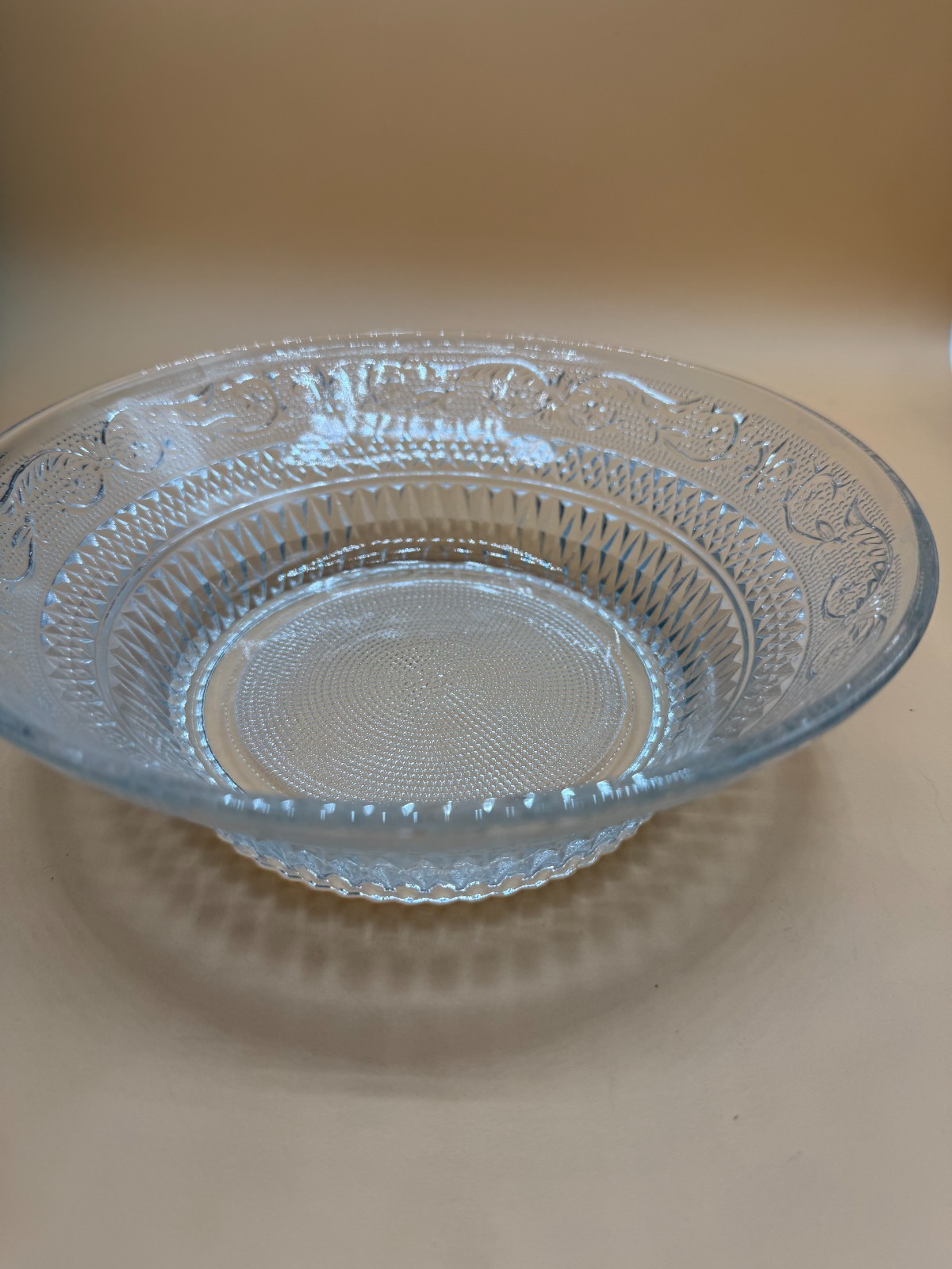 Vintage KIG Malaysia 8.5” Fleur De Lis Pressed Glass Serving Bowl