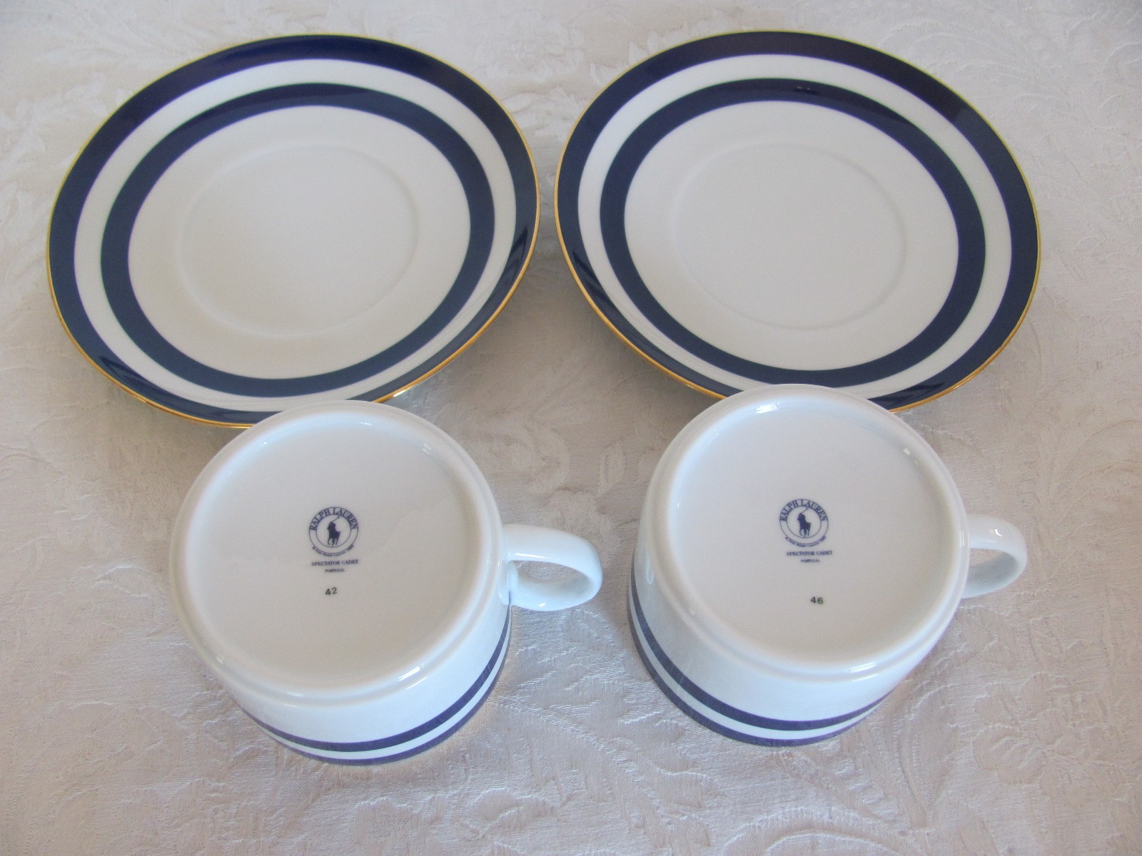 RALPH LAUREN Spectator Cadet-Blue Bands/Gold Trim- 2 Cups & 2 Saucers