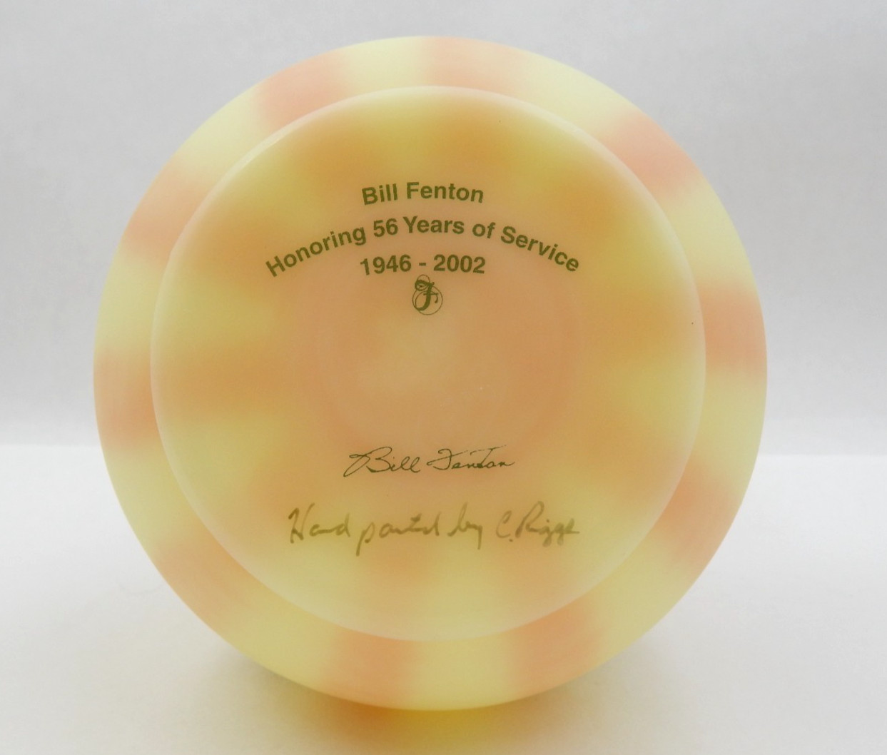 FENTON BURMESE URANIUM GLASS BILL FENTON 56 YEARS ANNIV. PITCHER, SIGNED, 6-1/2″