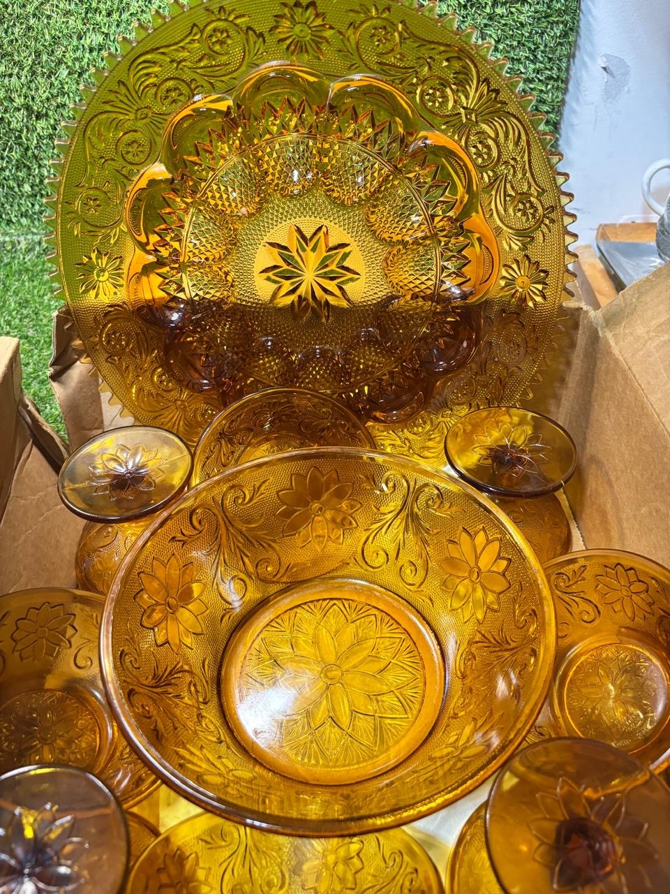 Tiara Exclusives Amber Indiana Glass Sandwich Pattern Serving Set