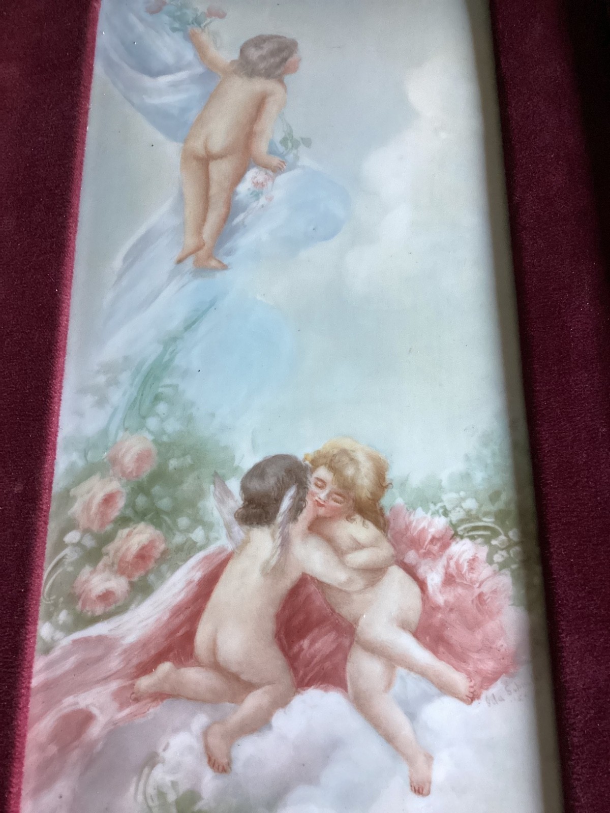 Antique 14×6” T&V Limoges HandPainted Porcelain Tile Plaque Artist Signed Cherub