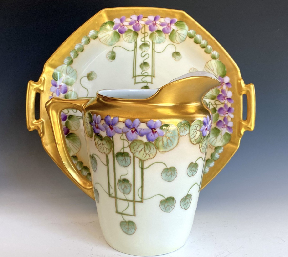 PICKARD ANTIQUES HAND PAINTED “VIOLETS IN PANEL” PITCHER ARTIST SIGNED