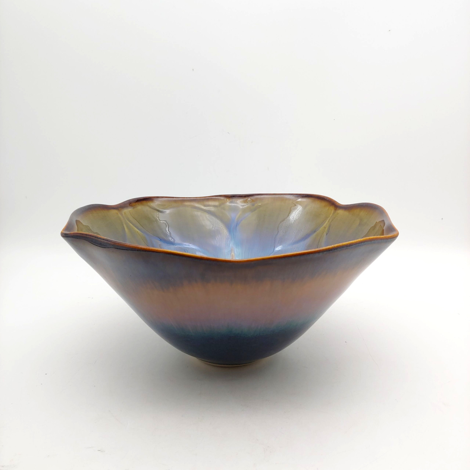 Bill Campbell Studio Pottery Lotus Bowl – 9″ Large Blue Brown Drip Glaze Signed