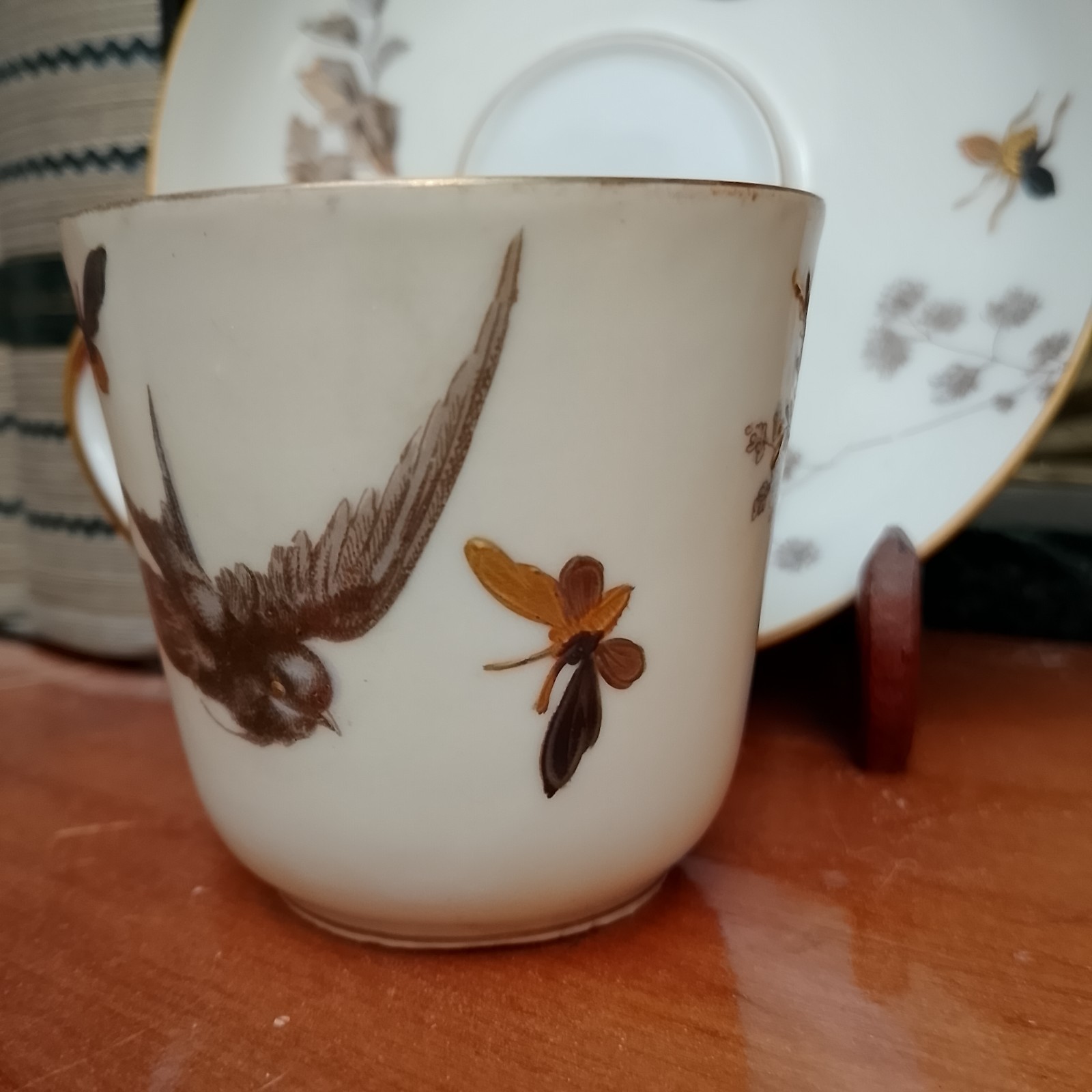 Fischer & Mieg Pirkenhammer Cup Saucer Birds BEES Hand-Painted 1890s C&S HTF