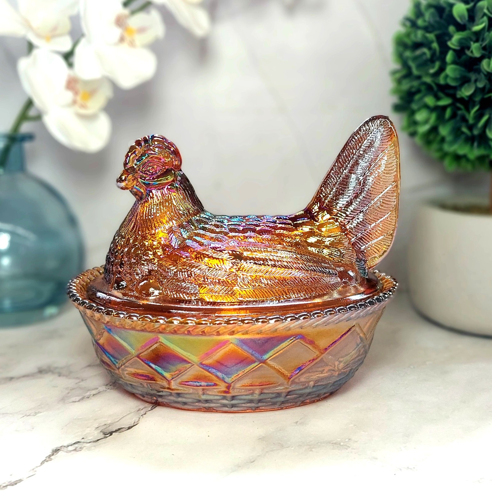 Golden Amber Carnival Glass Hen on Nest Chicken Candy Dish, Depression Style