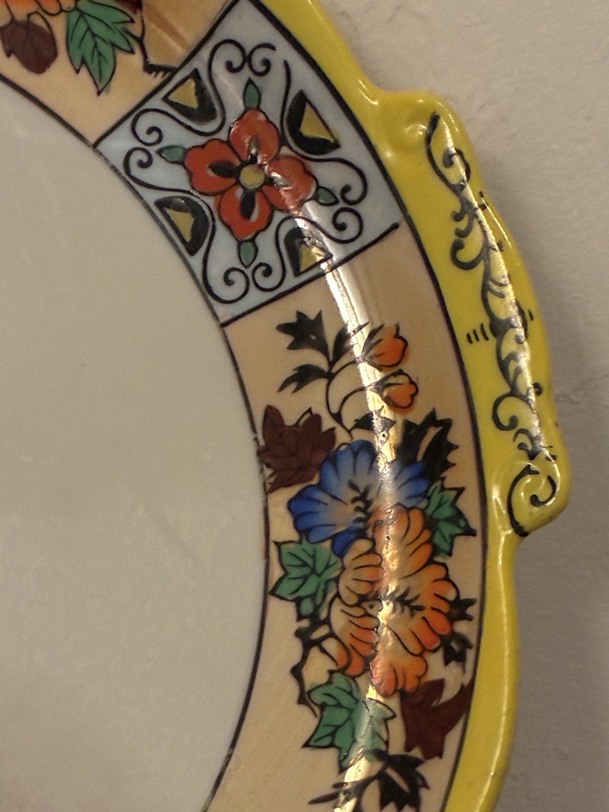 Vintage Hand Painted Japan Floral Platter 12” Yellow Handled Round Mid Century