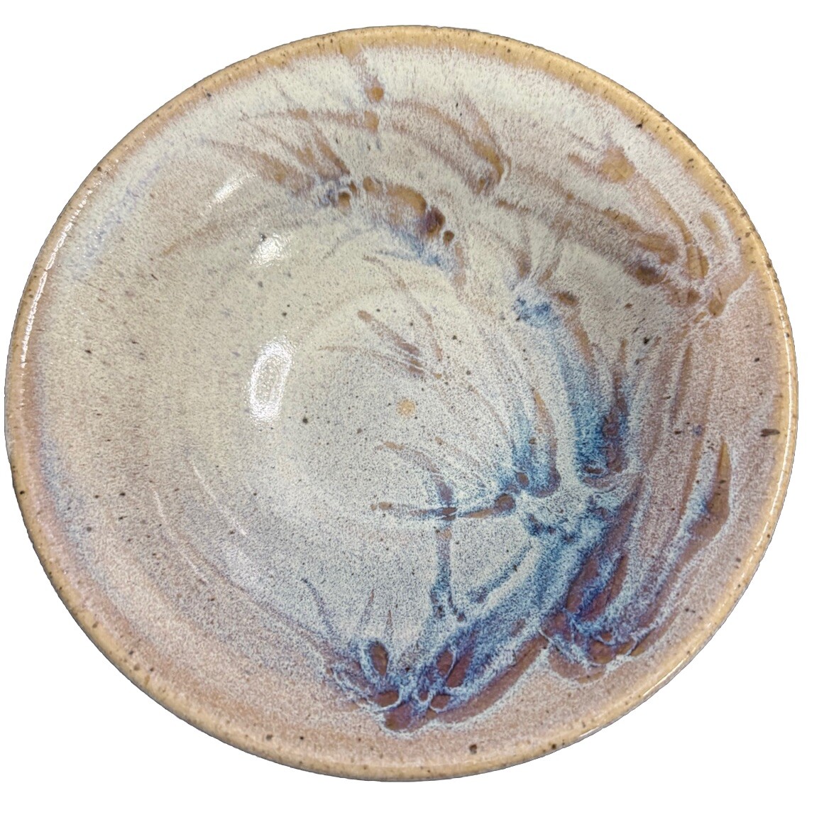 Handmade Studio Art Pottery Bowl Artist Signed 8” W 2.5” Tan Blue Purple Gray ￼