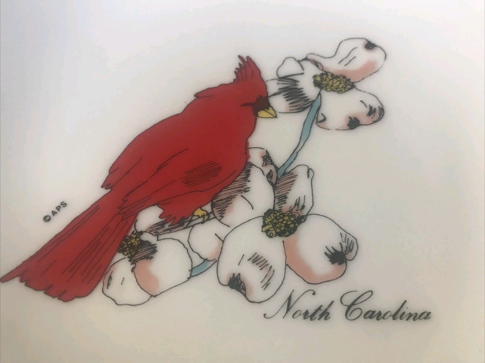 North Carolina NC plate, red bird cardinal , 7 /2”, Vintage, Japan