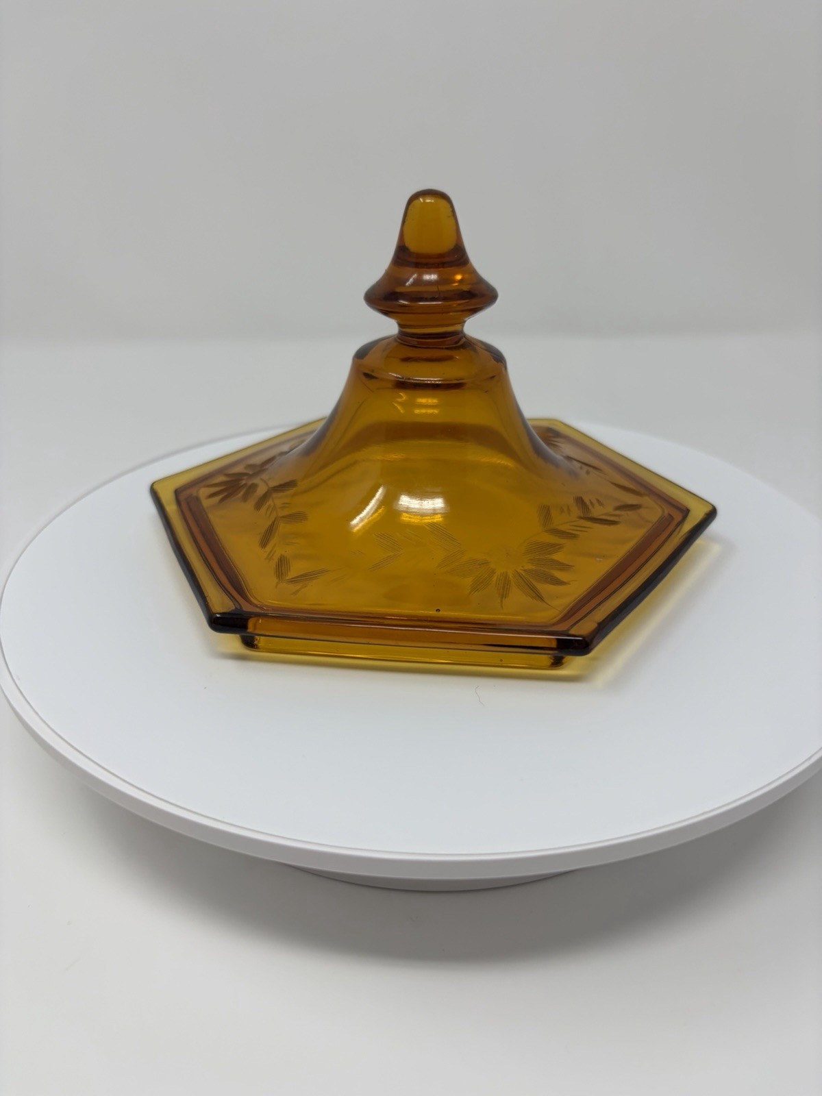 Vintage Amber Hexagon Covered Candy Dish Pedestal Compote Etched Glass MCM