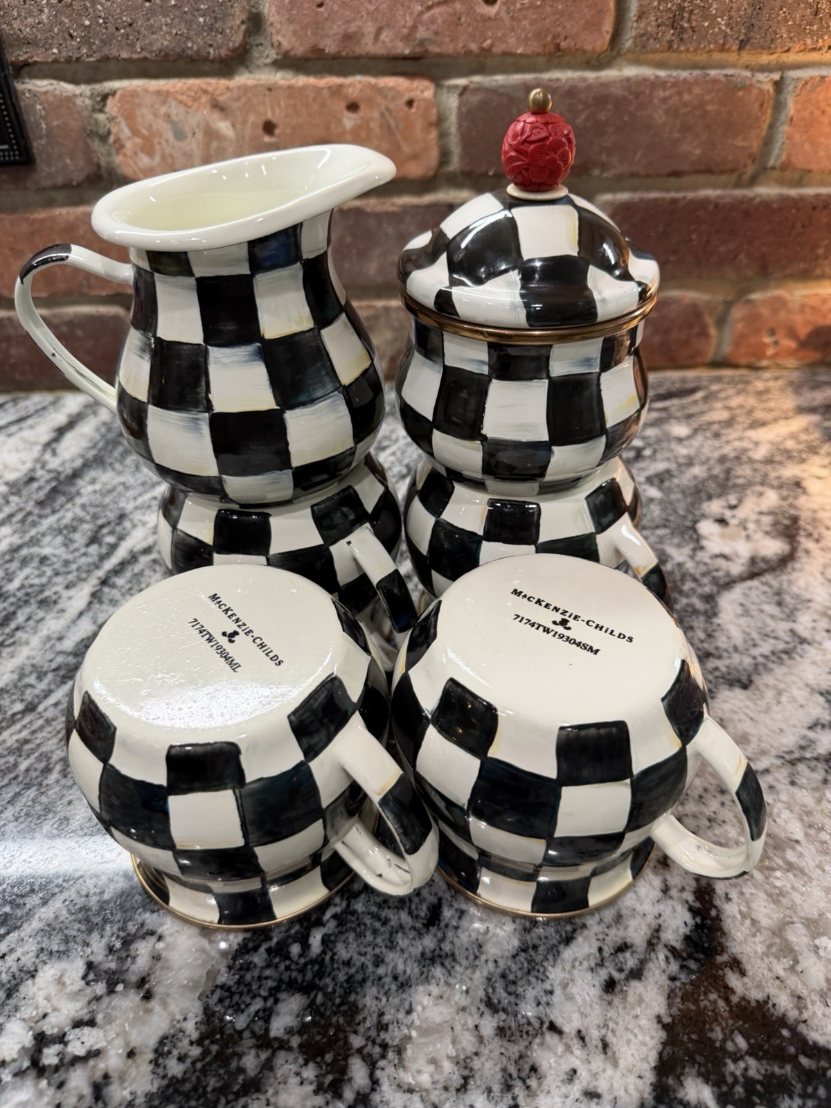 McKenzie Childs 4 Mugs And Cream And Sugar Courtly Check