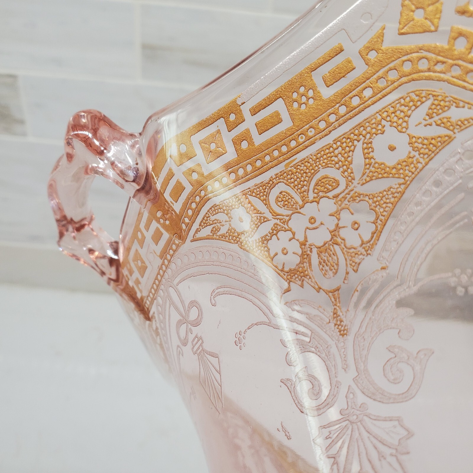Elegant Pink Depression or Elegant Glass Hexagon Handled Etched Gilded Bowl