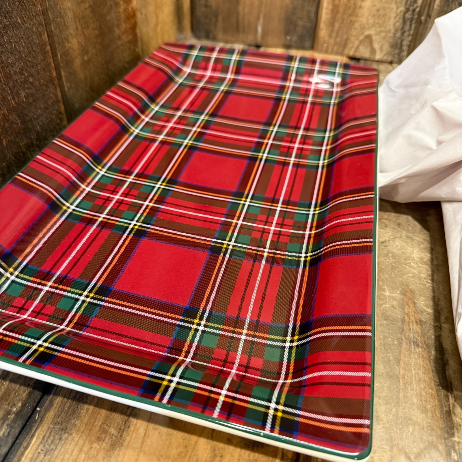 POTTERY BARN STEWART PLAID STONEWARE RECTANGULAR PLATTER 17.25 x 10″ ~ RED