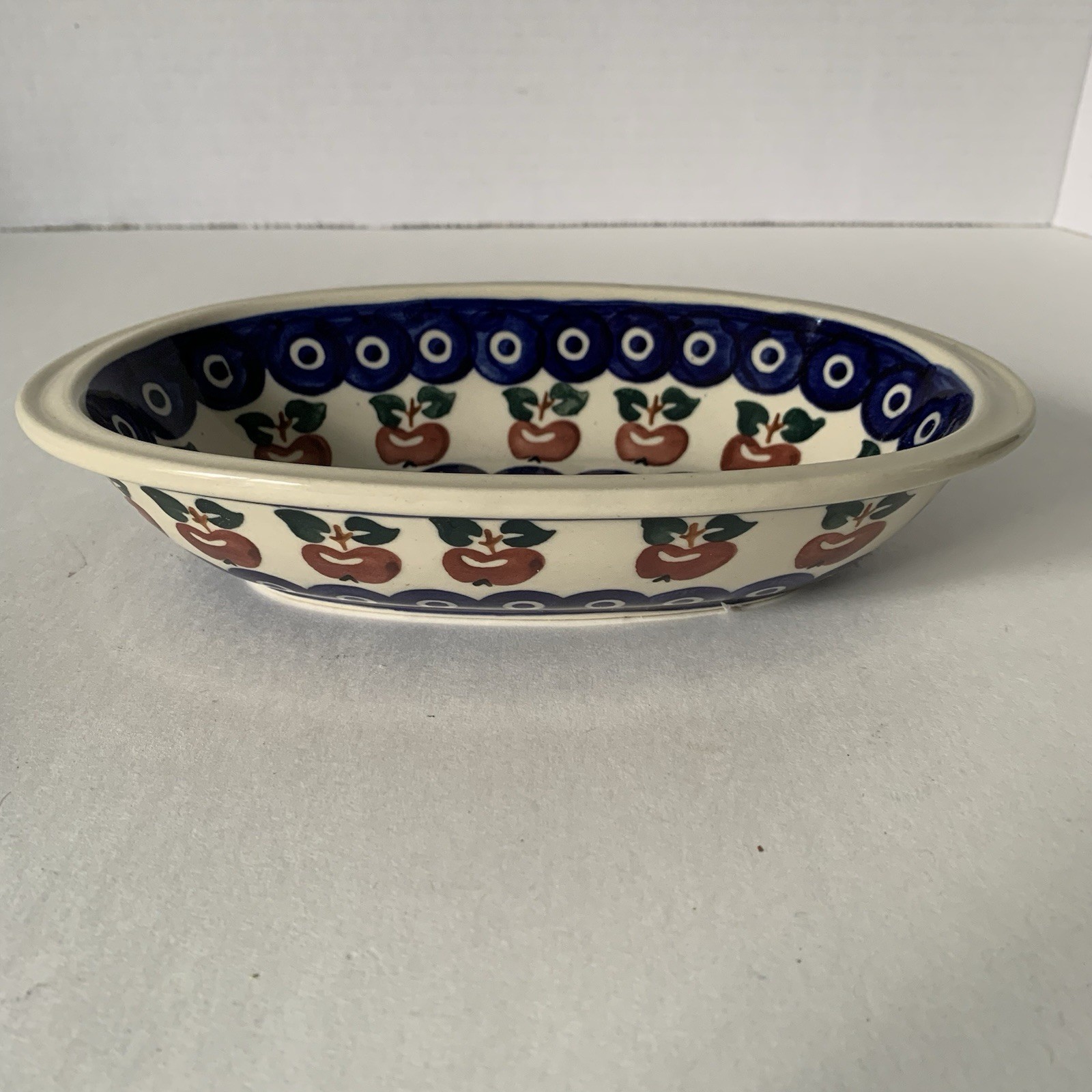 Boleslawiec Polish Pottery Handpainted Small Oval Dish Apples/Leaves Pattern