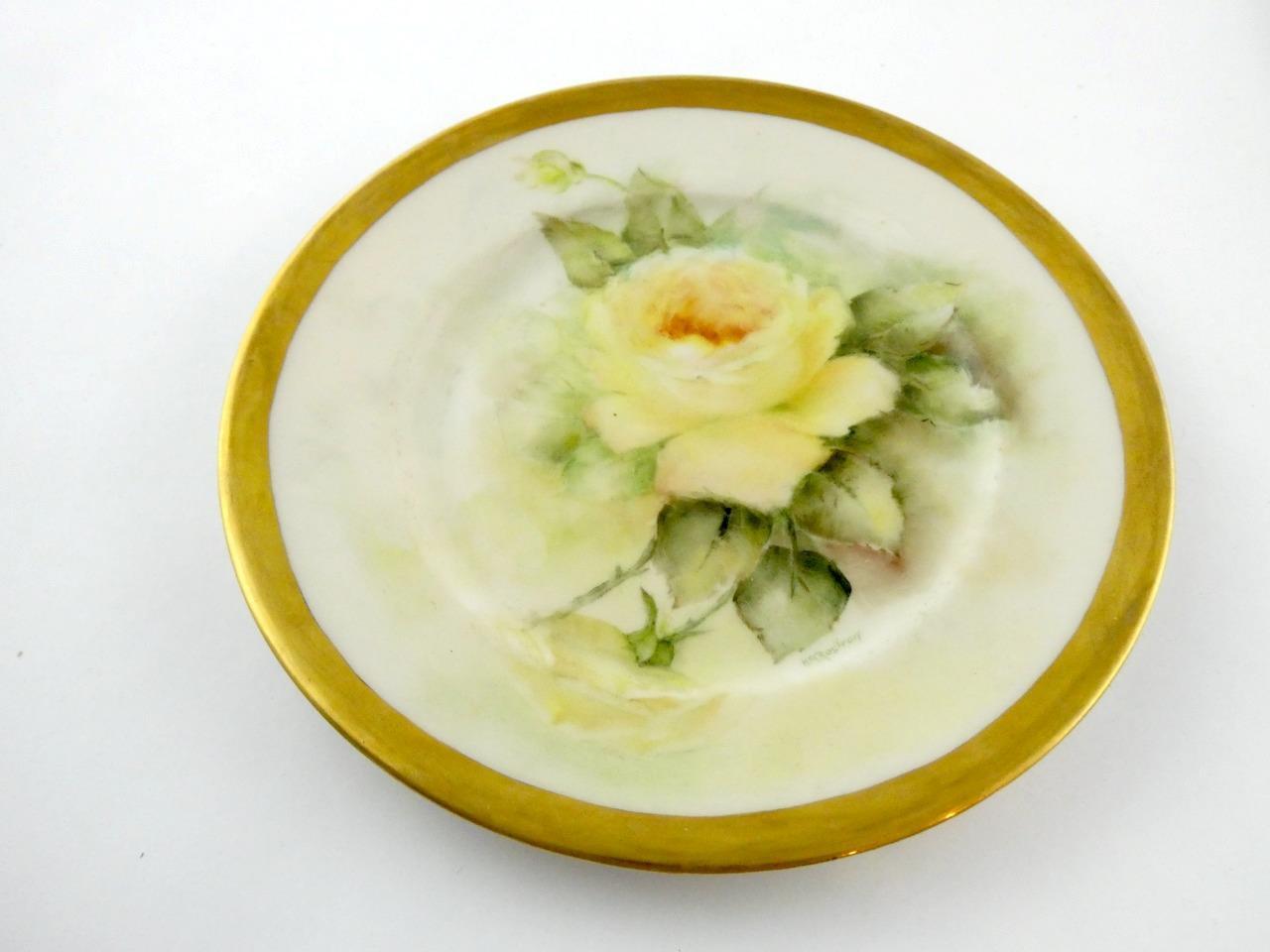 1970s Hand Painted Porcelain 5 Piece Place Setting Yellow Roses Signed VGOOD