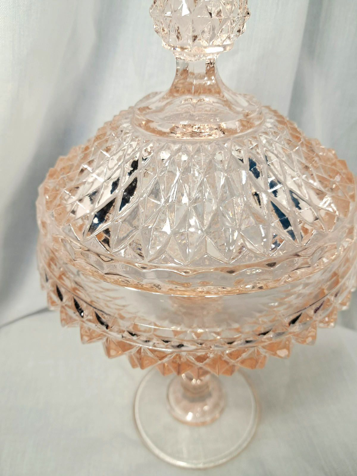 Indiana Glass Diamond Point Pink Pedestal Footed Candy Dish & Lid Depression 12”