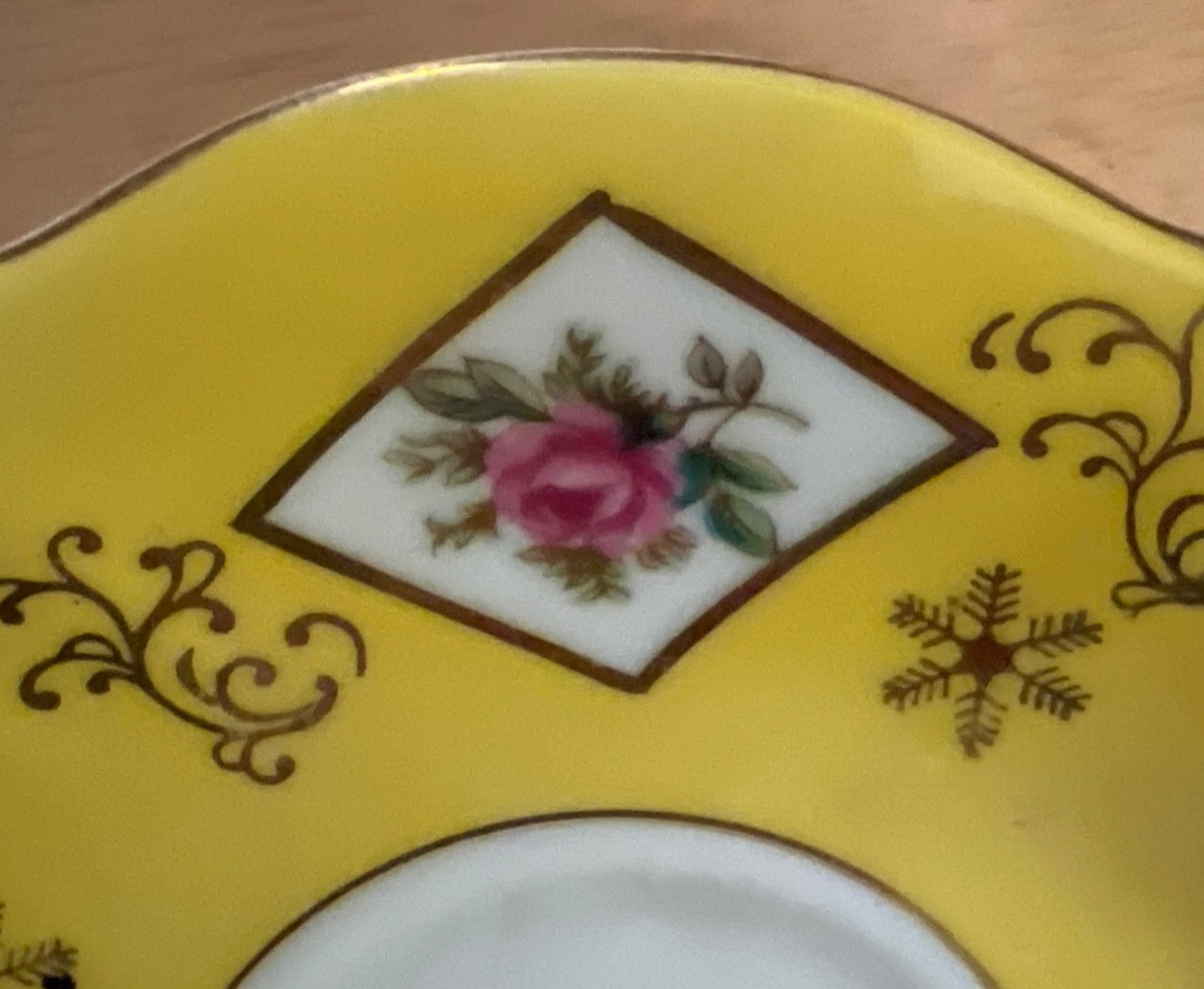 Saucer Plate Decor Yellow Rim Pink and Blue Cabbage Roses with Mini Hanger Set