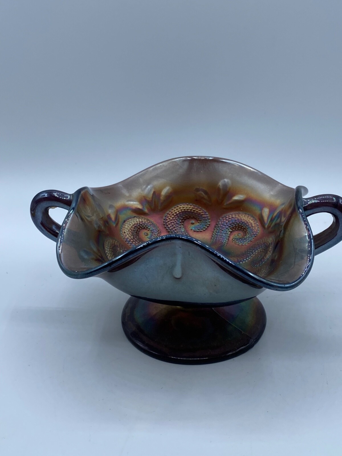 Vintage Amethyst Carnival Glass Two Handled Footed Bonbon Dish 4.5″