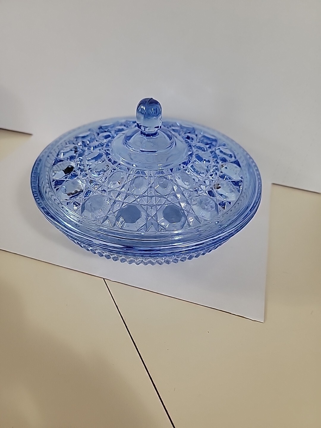 Indiana Glass 7.5 Inches Round Windsor Covered Candy Dish Blue Button Pattern