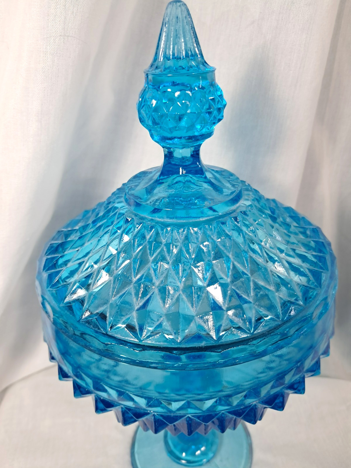 Indiana Glass Diamond Point Blue Pedestal Footed Candy Dish & Lid Depression 12”
