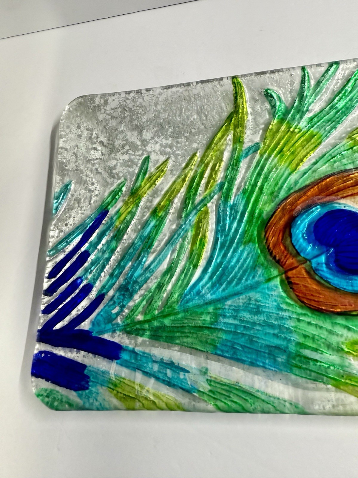 9 X 14” Fused Glass Peacock Feather Decorative Rectangular Platter Tray