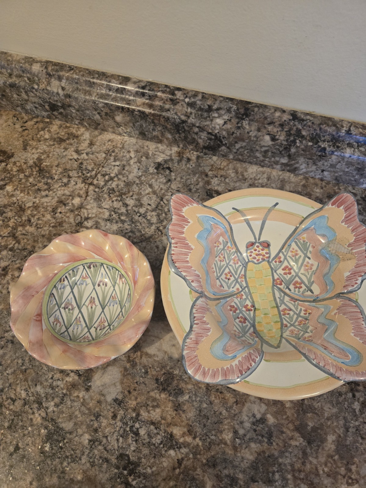 2 HTF Mackenzie Childs Ceramic 8.5″ Butterfly Bowl Retired Plus Iris Bowl