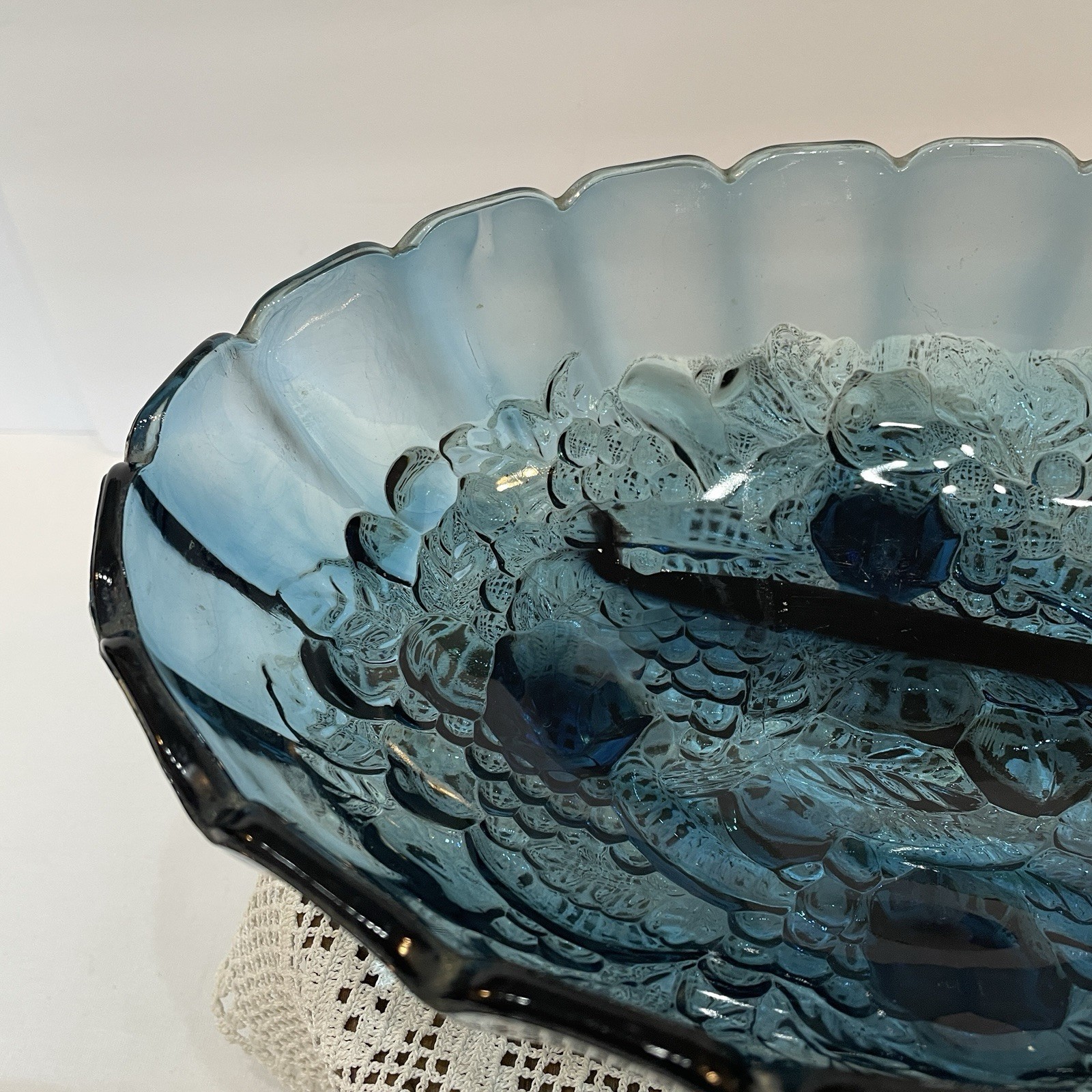 Vintage Indiana Glass Blue Garland Fruit Bowl Footed Oval 12inches Harvest Grape