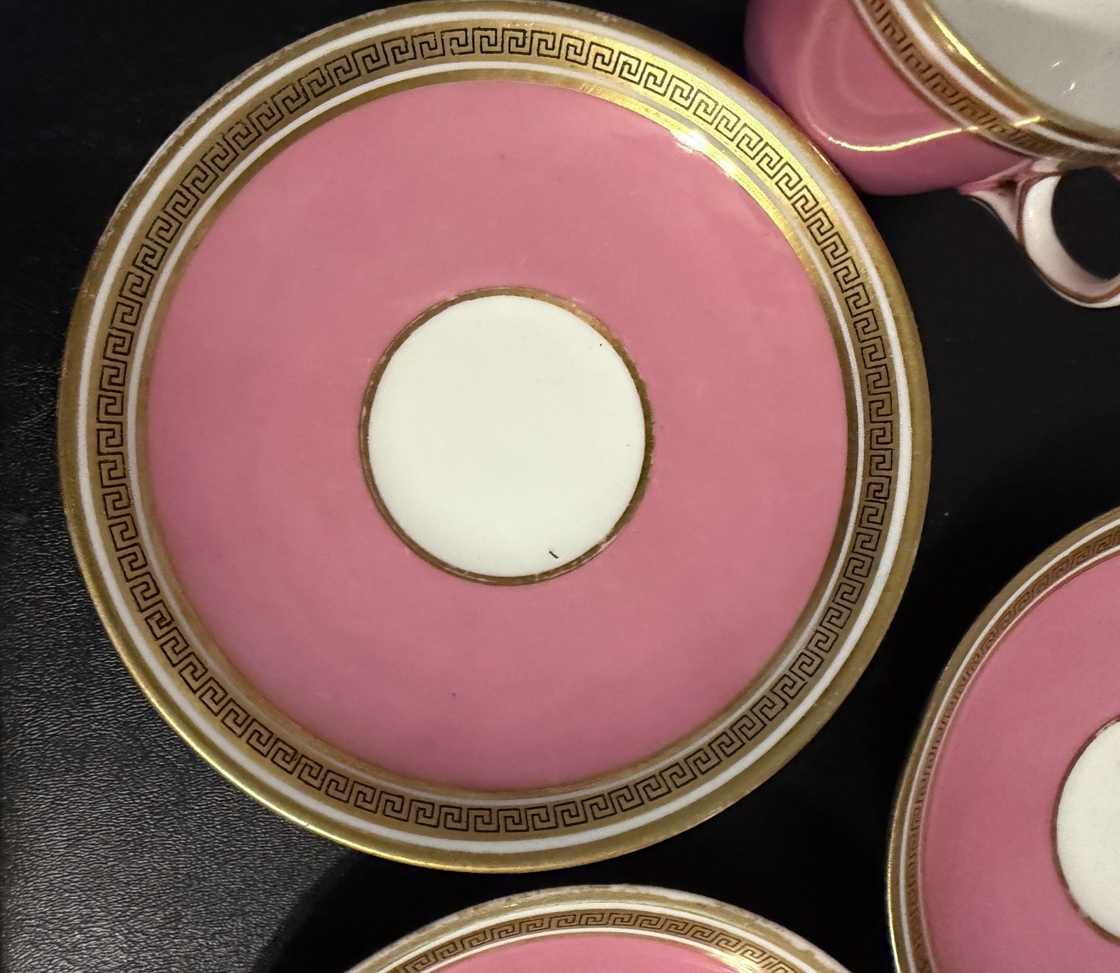 ANTIQUE CAULDON PINK SET OF 5 COFFEE TEA CUPS & SAUCERS GREEK KEY PORCELAIN RARE